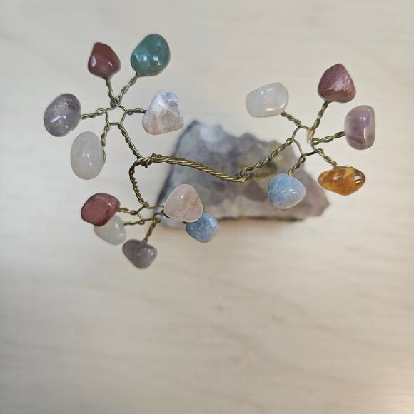 Vintage Handmade Twisted Wire Tree Sculpture with Crystal Base Mixed Gem Stones - Picture 3 of 8